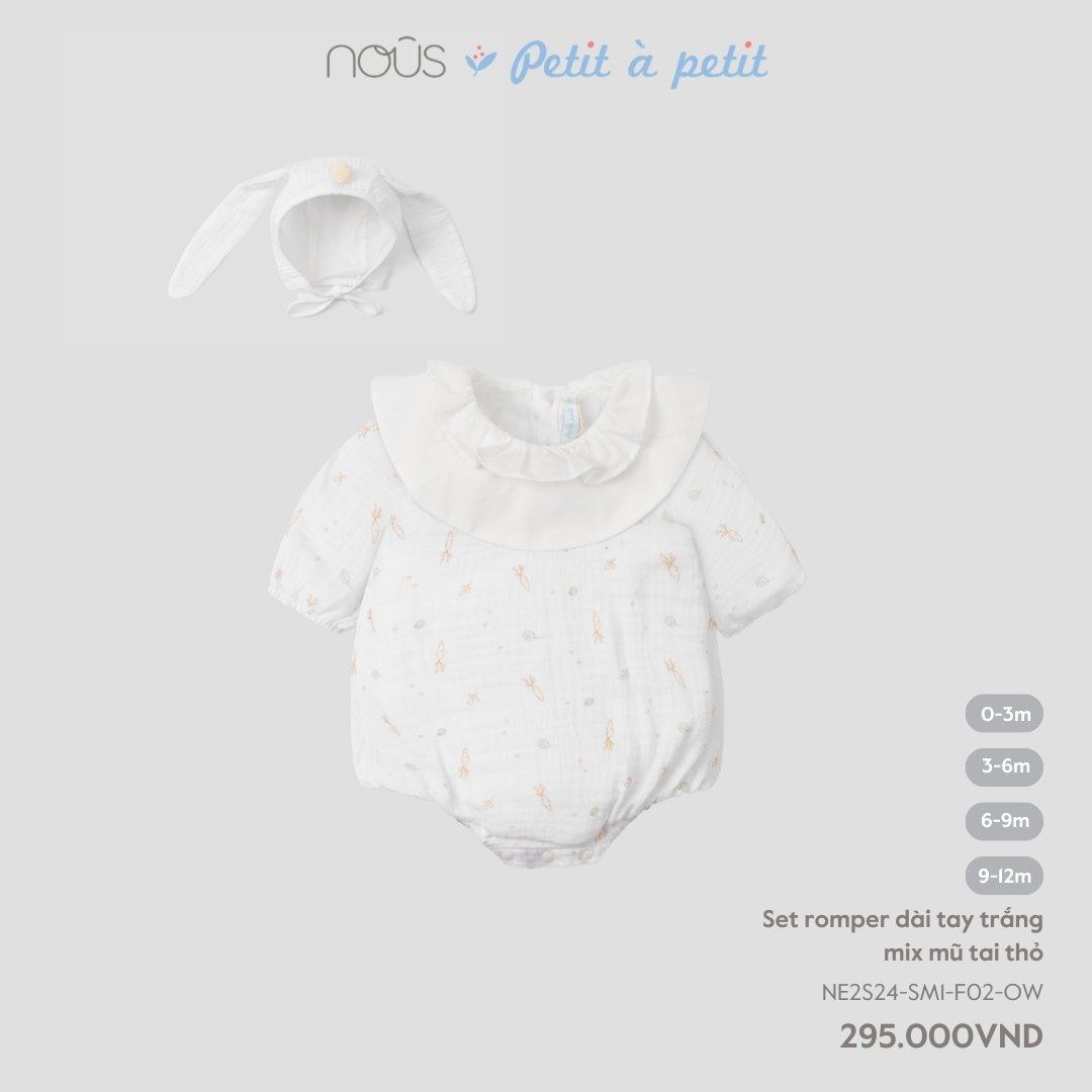  Set Romper NOUS dài tay mix mũ tai thỏ màu trắng 