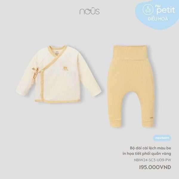  Bộ cài lệch dài Nous màu be in họa tiết phối quần vàng NB 
