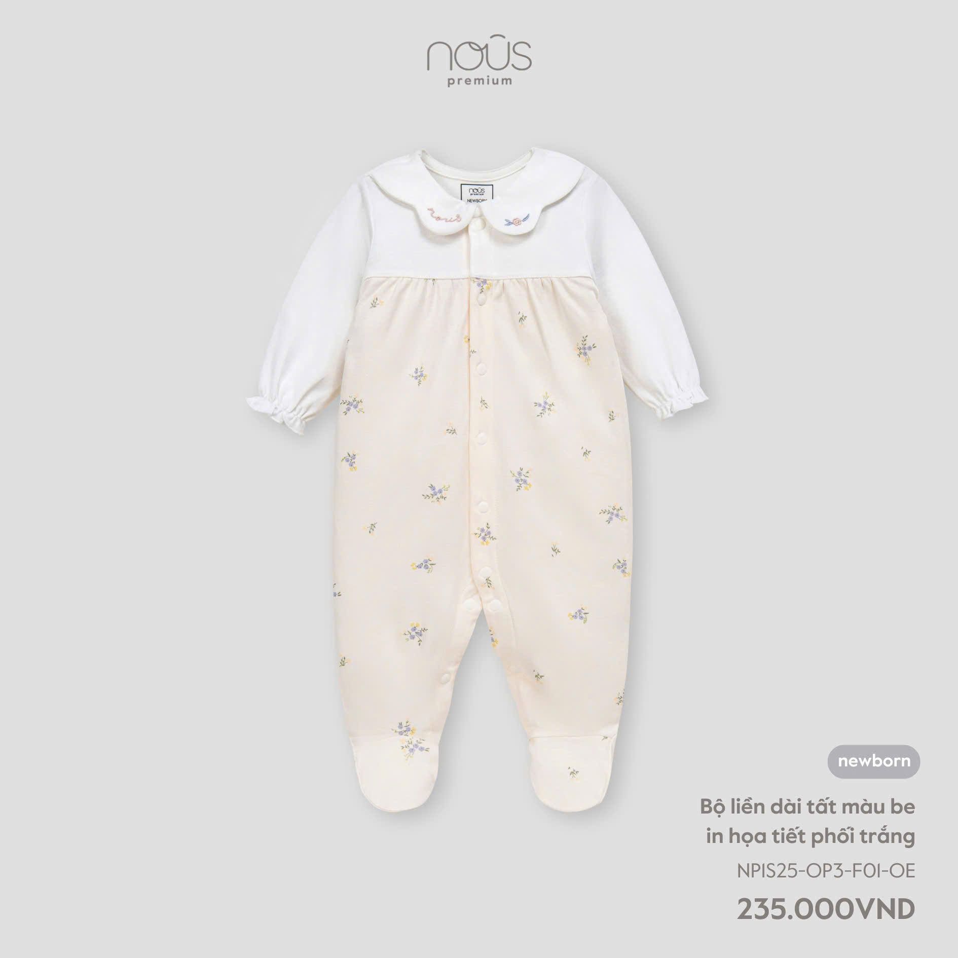  Bộ liền dài Nous tất màu be in họa tiết phối trắng NB 