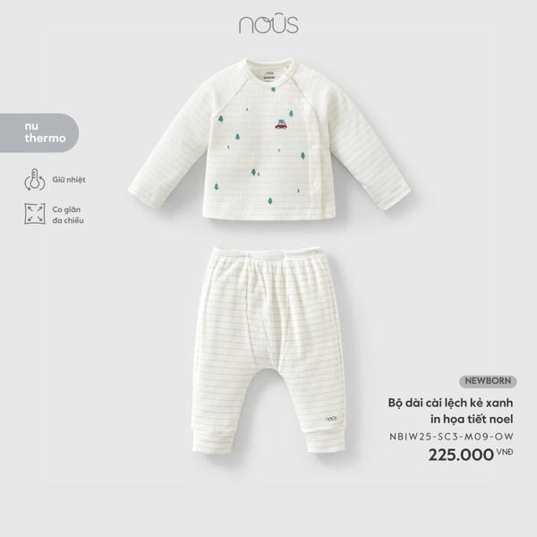  Bộ dài Nous cài lệch kẻ xanh in họa tiết noel 