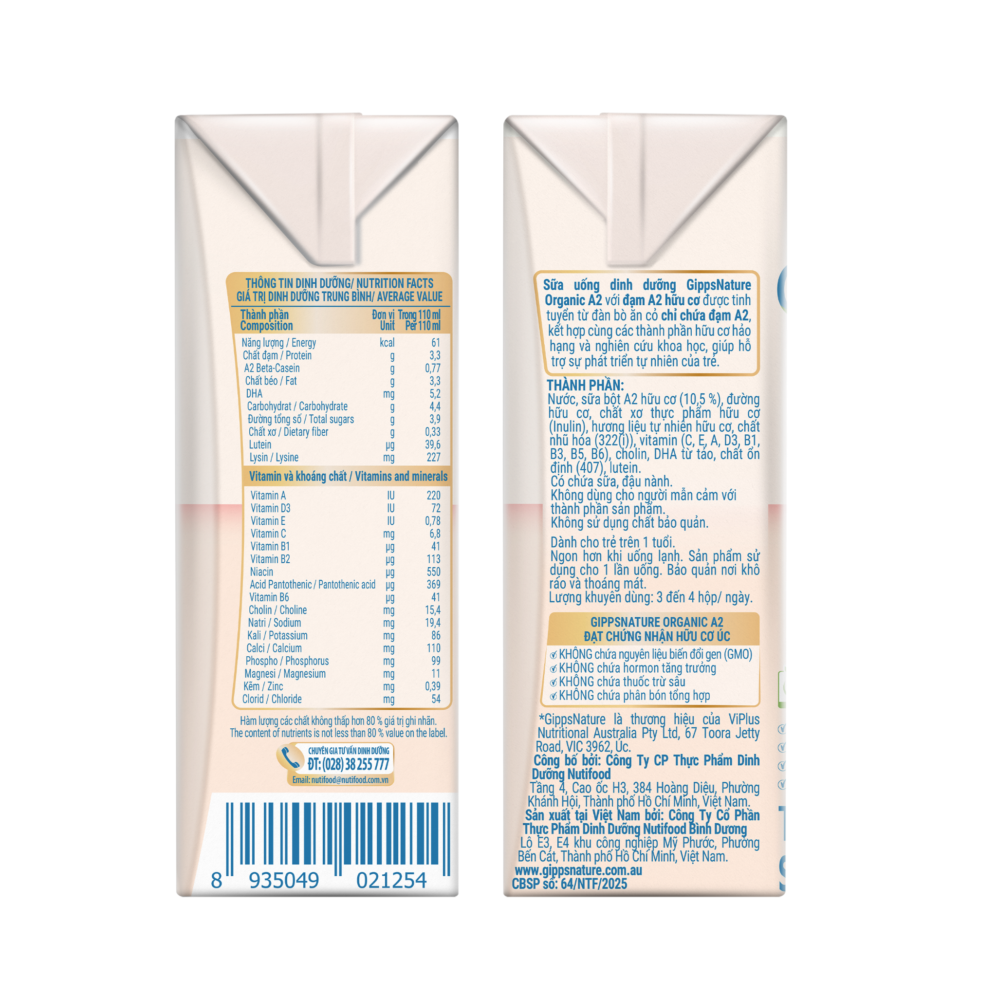  Sữa nước GippsNature Organic A2 (110ml) 