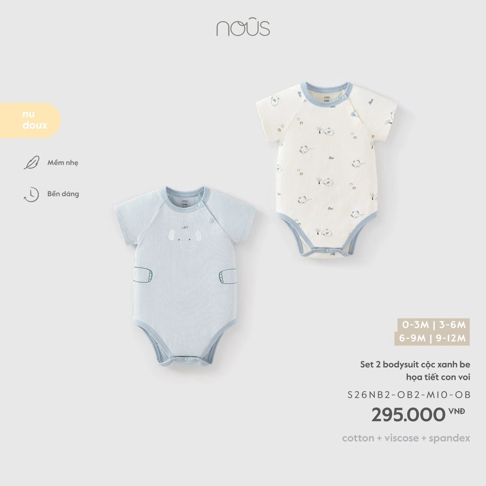  Set 2 bodysuit Nous cộc xanh be họa tiết con voi 