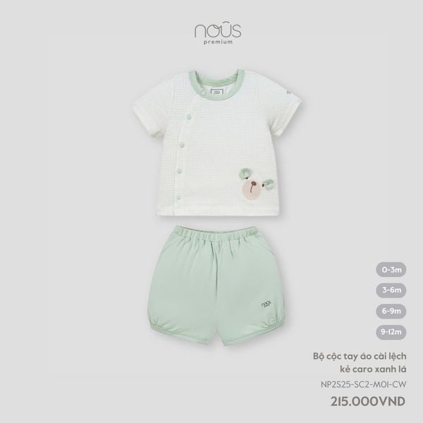  Bộ cộc tay Nous áo cài lệch kẻ caro xanh lá 