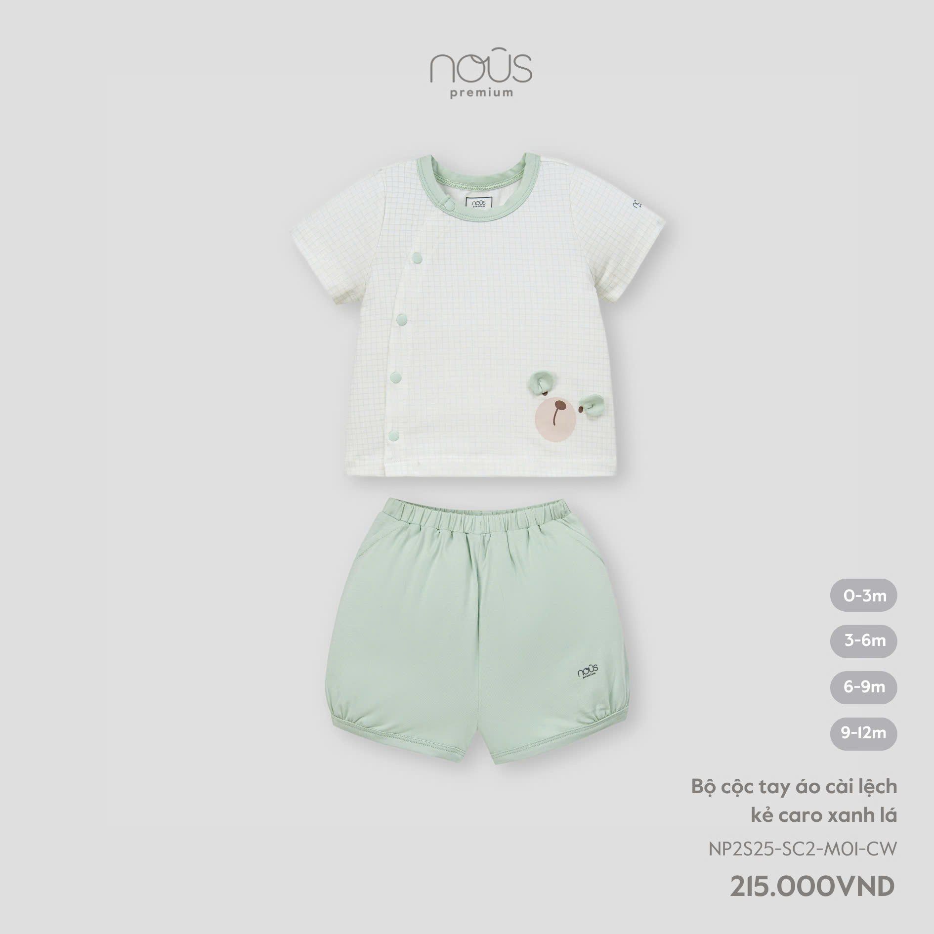  Bộ cộc tay Nous áo cài lệch kẻ caro xanh lá 