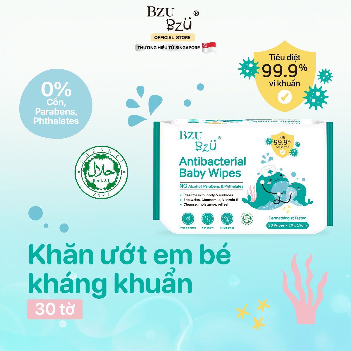  Khăn ướt diệt khuẩn Bzu Bzu Antibacterial Baby Wipes (Xanh Lá)- 30 Tờ 