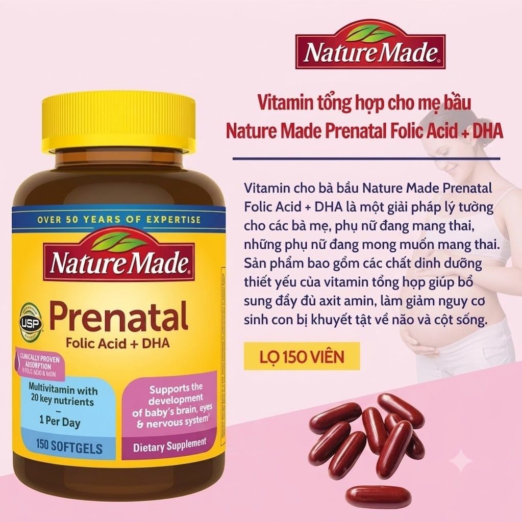  Vitamin cho bà bầu Nature Made Prenatal Folic Acid DHA (150 viên) 