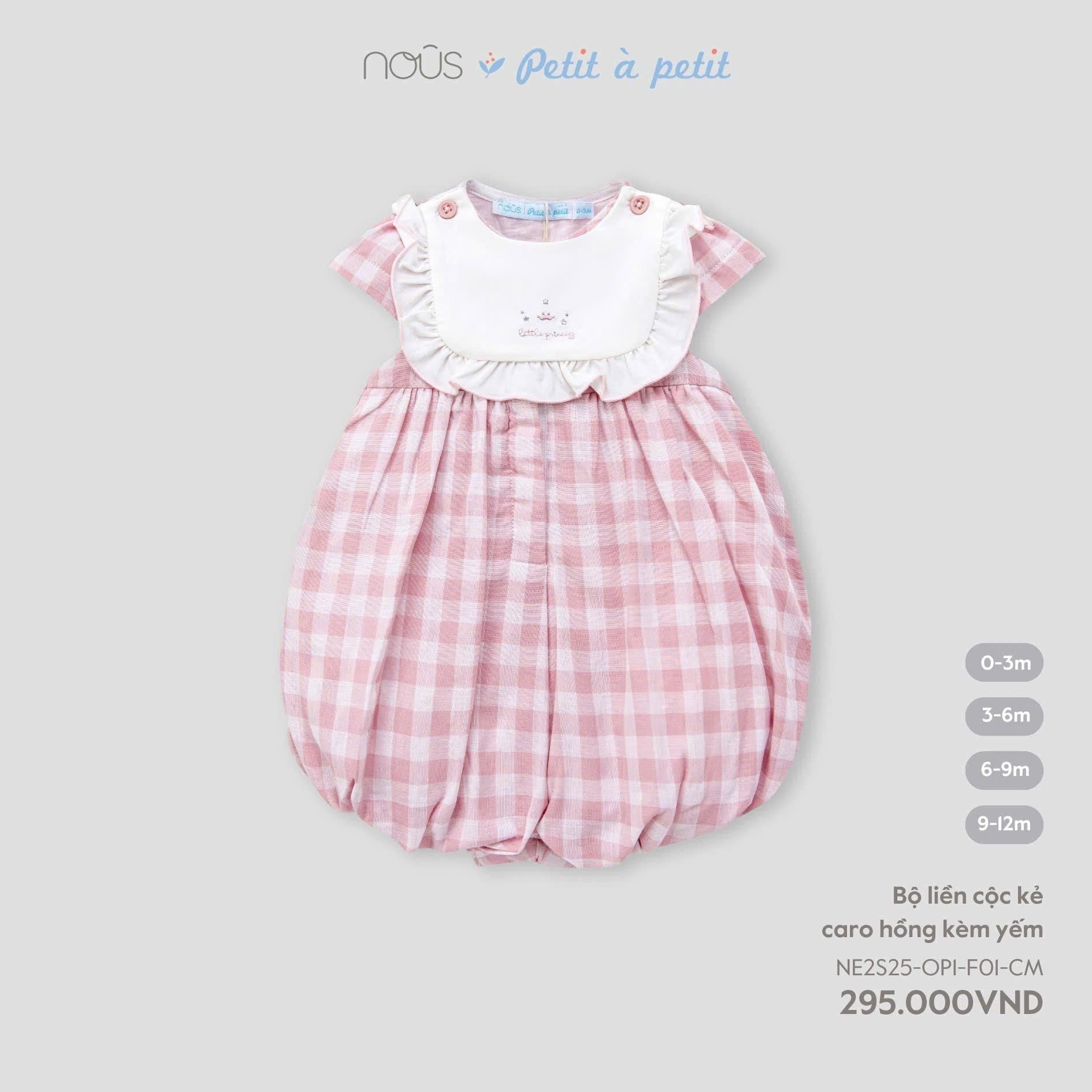  Bộ liền cộc Nous kẻ caro hồng kèm yếm 