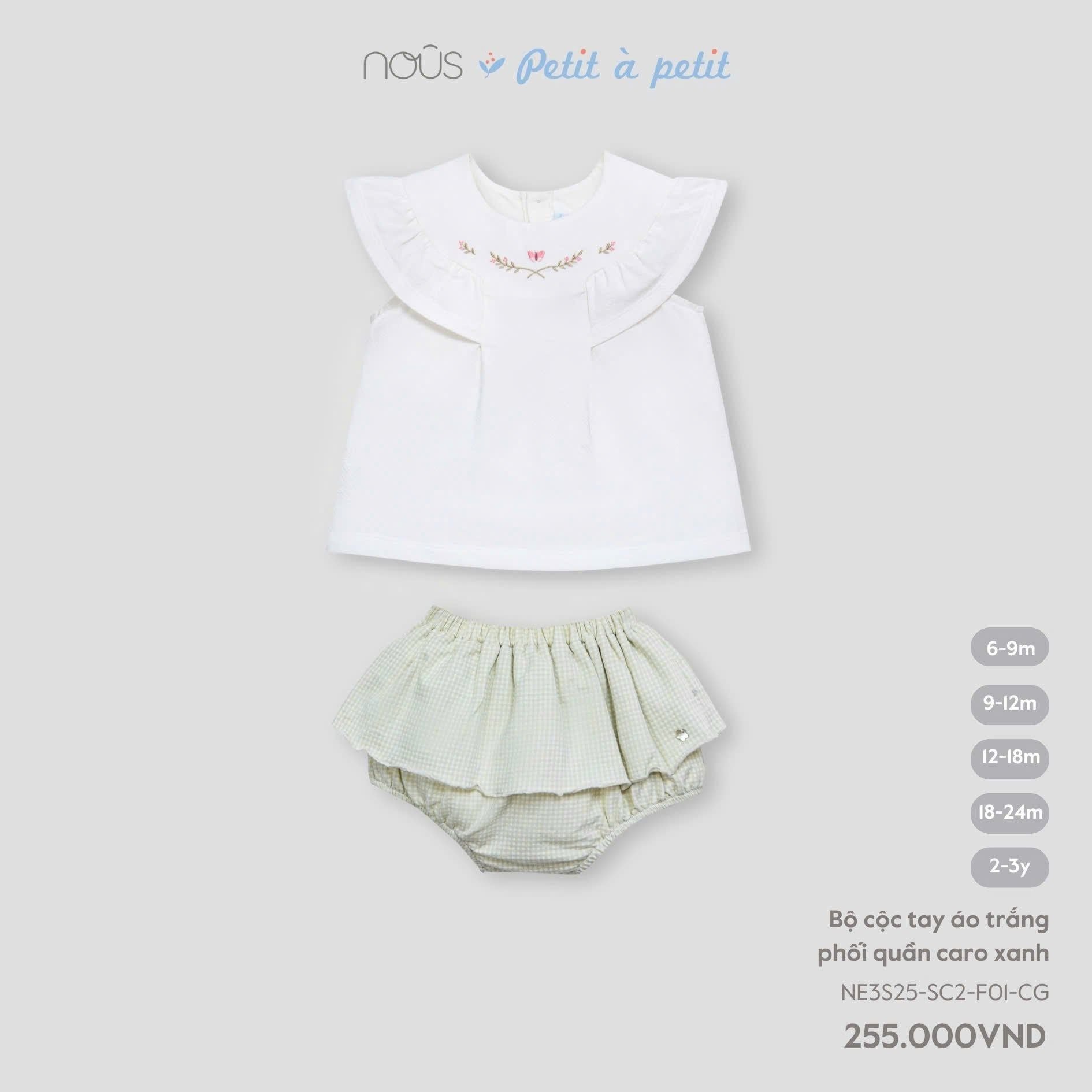  Bộ cộc tay Nous áo trắng phối quần caro xanh 