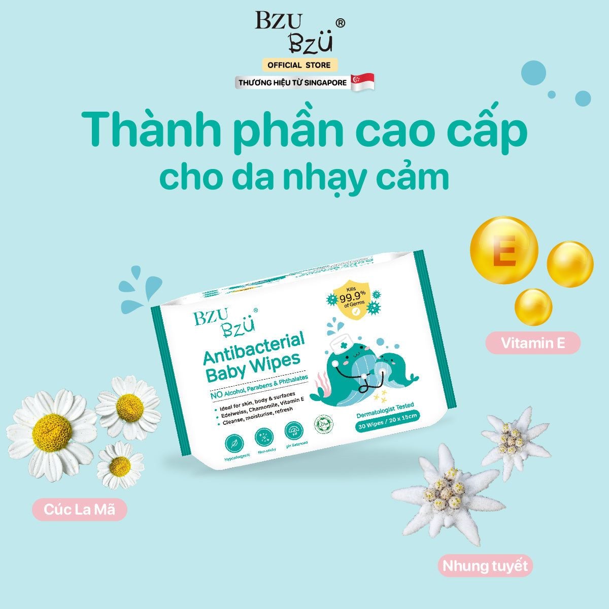  Khăn ướt diệt khuẩn Bzu Bzu Antibacterial Baby Wipes (Xanh Lá)- 30 Tờ 