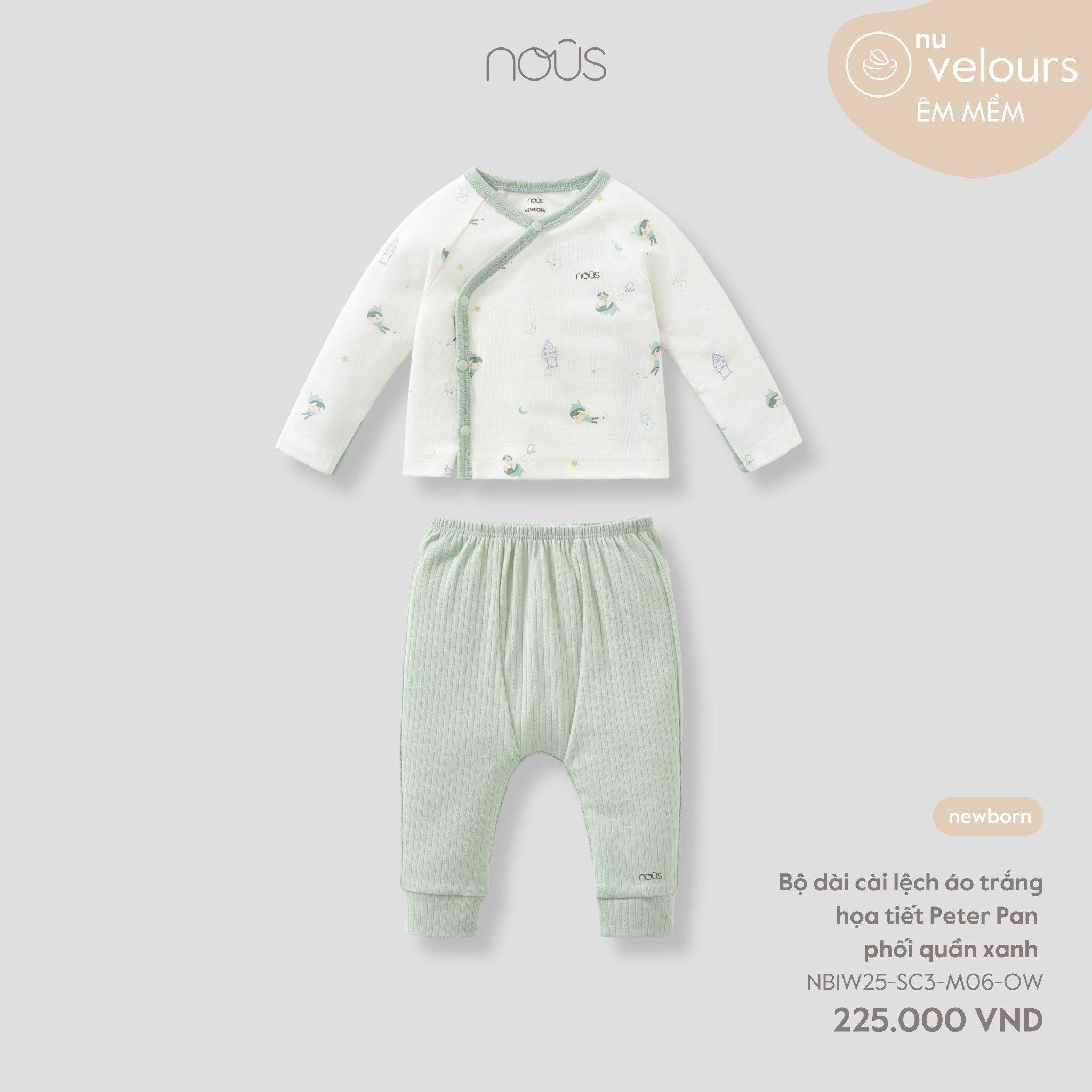  Bộ dài cài lệch Nous áo trắng họa tiết Peter Pan phối quần xanh 