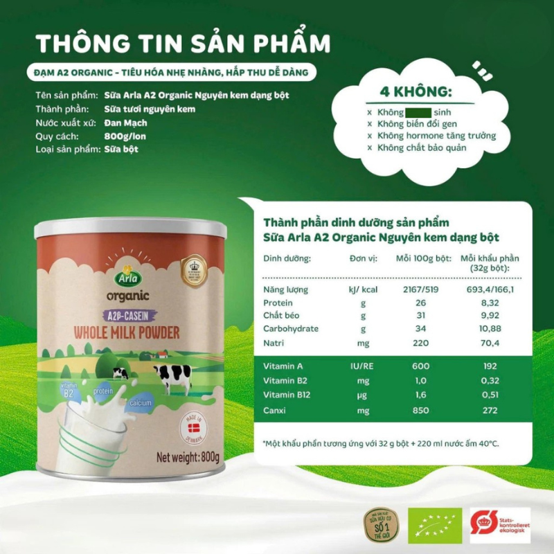  Sữa Tươi Dạng Bột A2 β-Casein Organic Whole Milk Powder 800g 