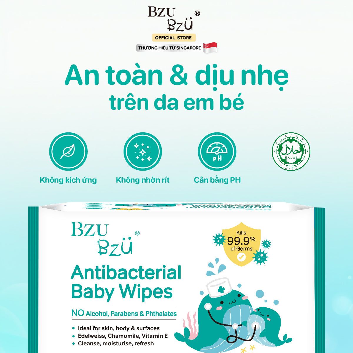  Khăn ướt diệt khuẩn Bzu Bzu Antibacterial Baby Wipes (Xanh Lá)- 30 Tờ 