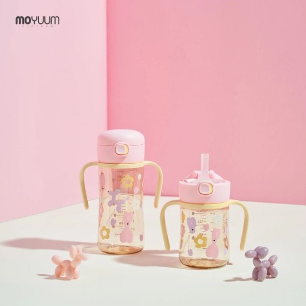  Bình tập uống Moyuum PPSU nắp bật - Họa tiết Rolly Pop màu hồng 