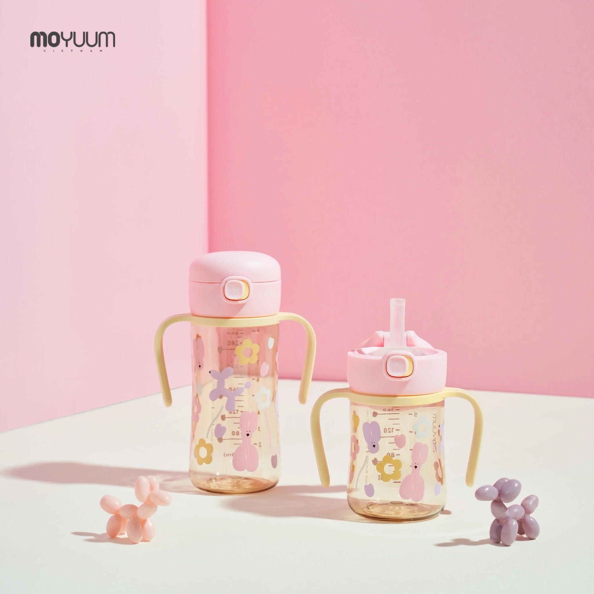  Bình tập uống Moyuum PPSU nắp bật - Họa tiết Rolly Pop màu hồng 