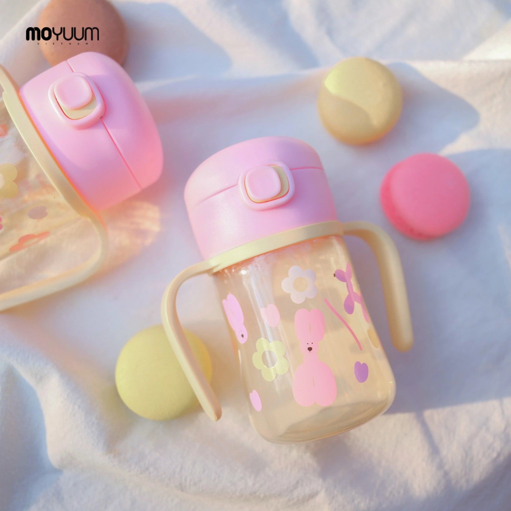  Bình tập uống Moyuum PPSU nắp bật - Họa tiết Rolly Pop màu hồng 