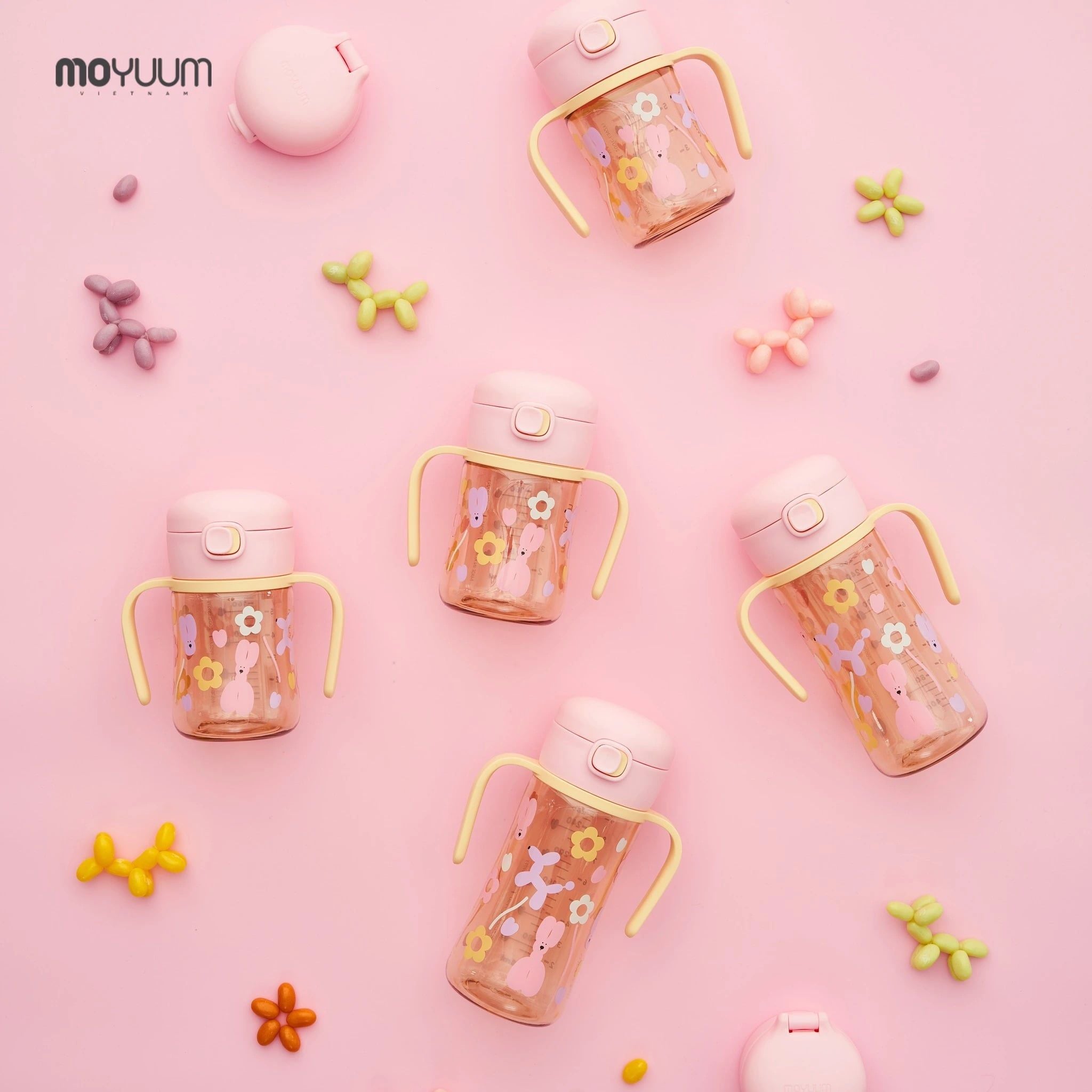  Bình tập uống Moyuum PPSU nắp bật - Họa tiết Rolly Pop màu hồng 