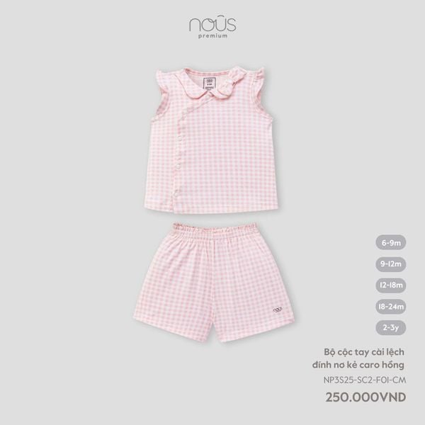  Bộ cộc tay cài lệch Nous đính nơ kẻ caro hồng 