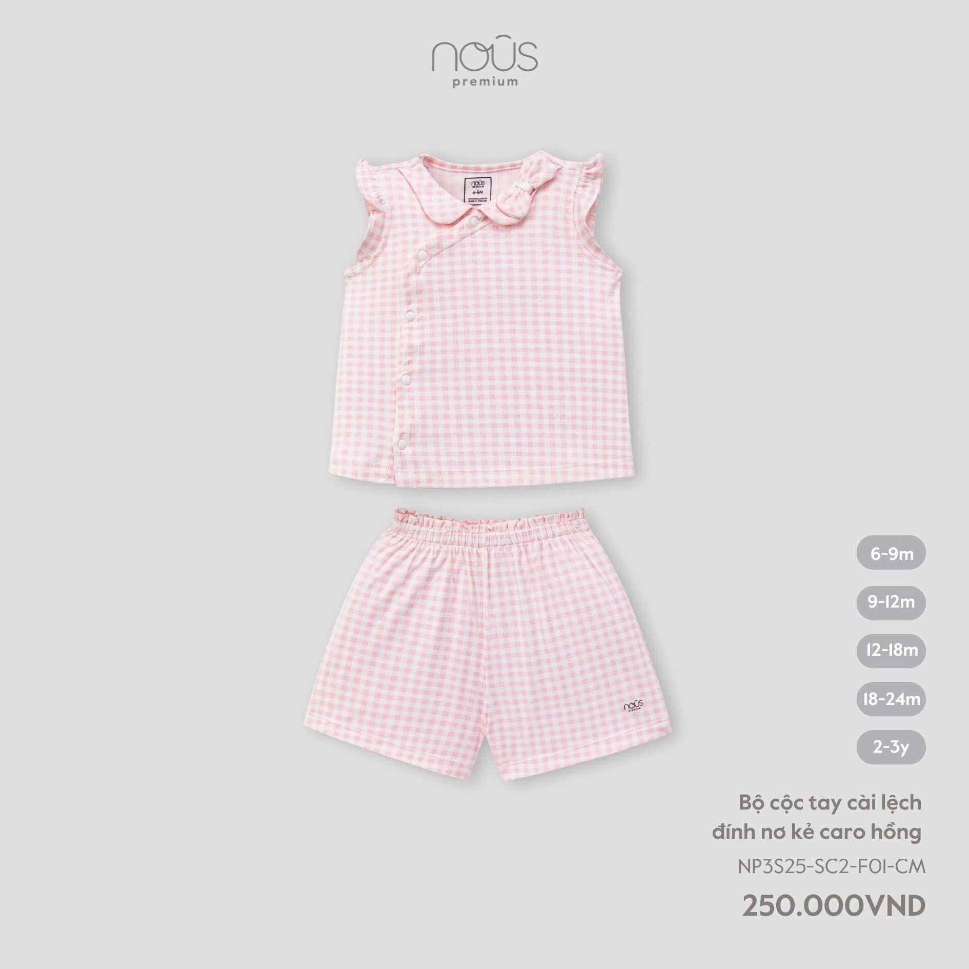  Bộ cộc tay cài lệch Nous đính nơ kẻ caro hồng 