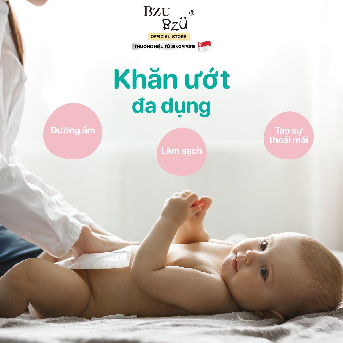  Khăn ướt diệt khuẩn Bzu Bzu Antibacterial Baby Wipes (Xanh Lá)- 30 Tờ 