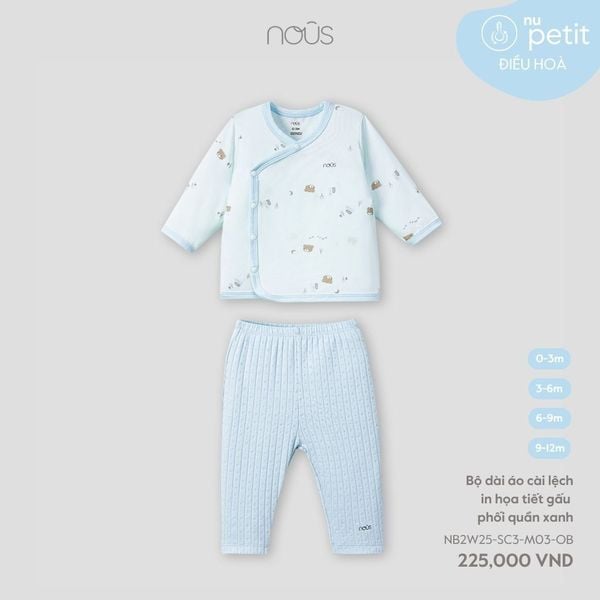  Bộ dài áo cài lệch Nous in họa tiết gấu phối quần xanh 