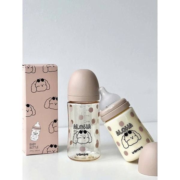  (A) Bình Sữa PPSU Cổ Rộng UBmom Cún Aloha Choco 