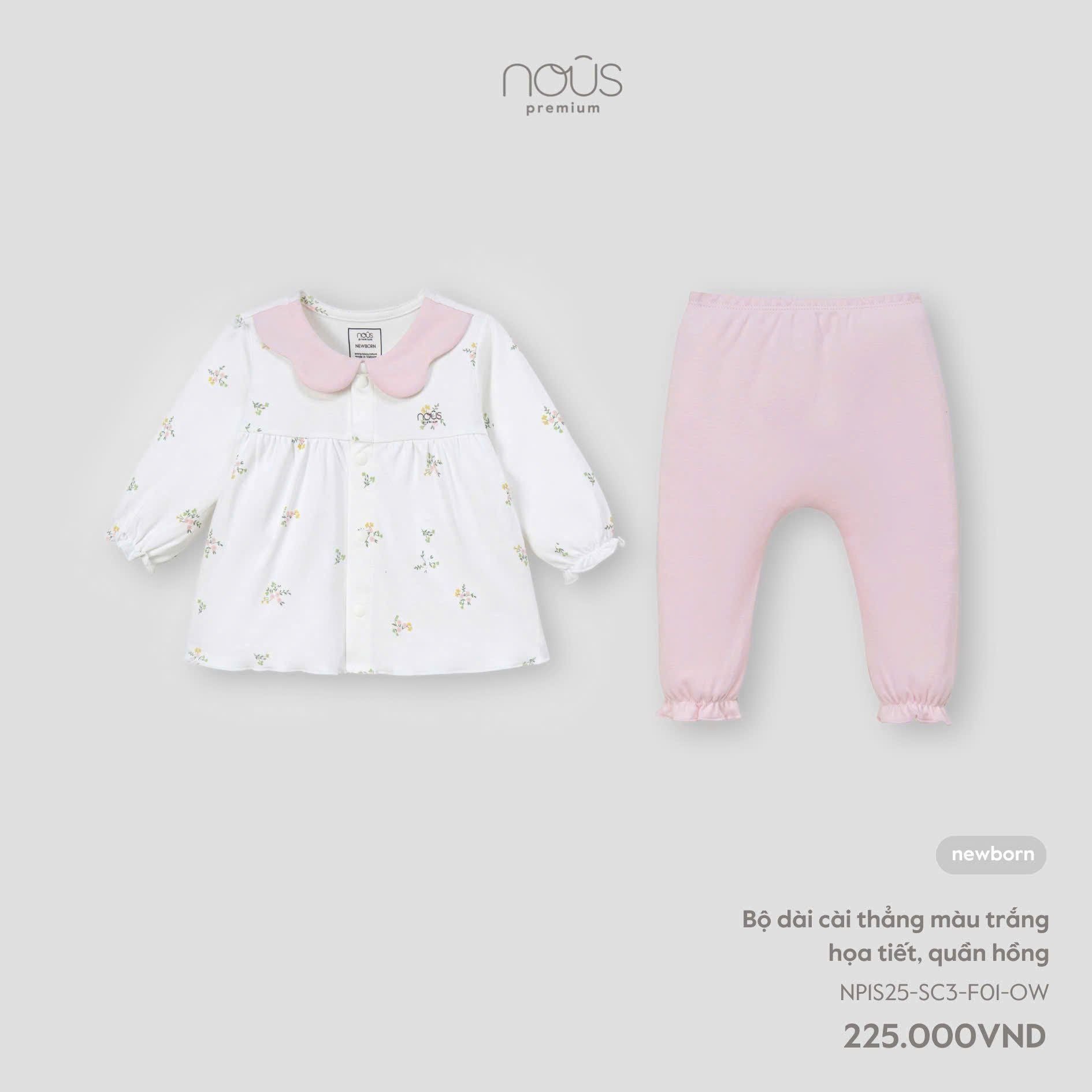  Bộ dài cài thẳng Nous màu trắng họa tiết, quần hồng NB 