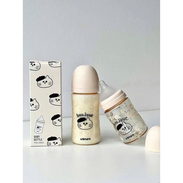  (A) Bình Sữa PPSU Cổ Rộng UBmom Mèo Bonjour Begie 