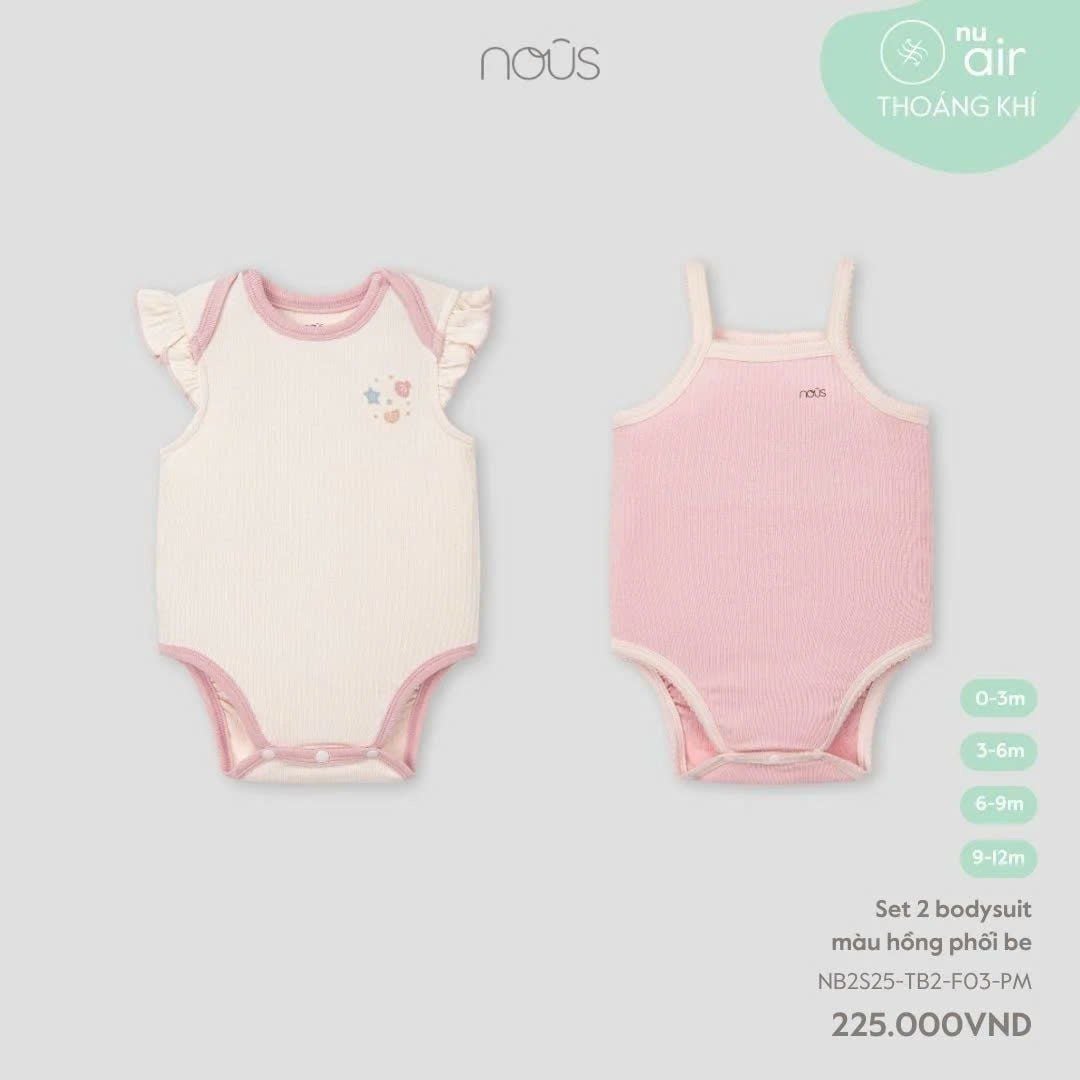  Set 2 bodysuit màu hồng phối be Nous 