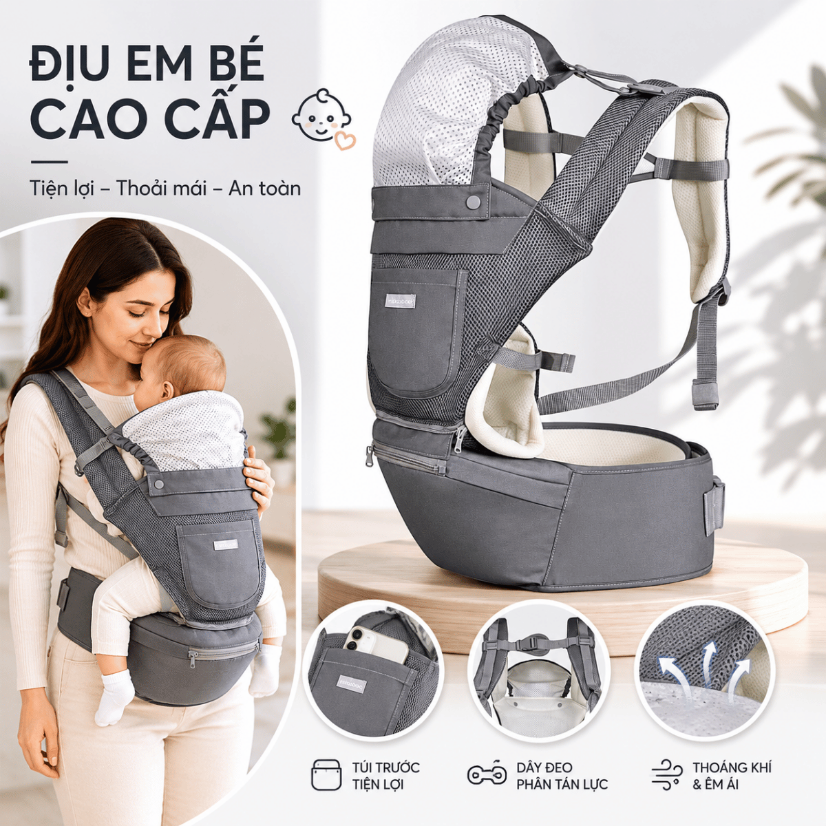  Địu em bé KikkaBoo 3 trong 1 Chloe 