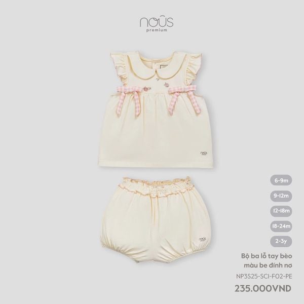  Bộ ba lỗ Nous tay bèo màu be đính nơ 