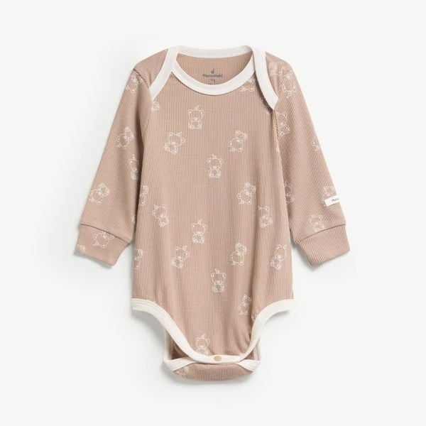  Bodysuit dài tay MamaCheri vải tăm nâu phối viền trắng 