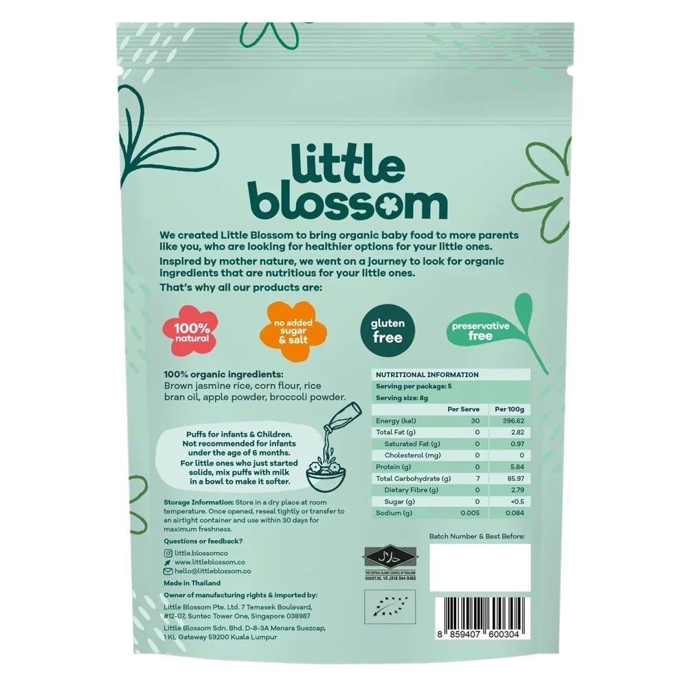  Bánh Puffs Gạo Lứt Hữu Cơ Little Blossom Vị Táo Và Bông Cải Xanh 40g 