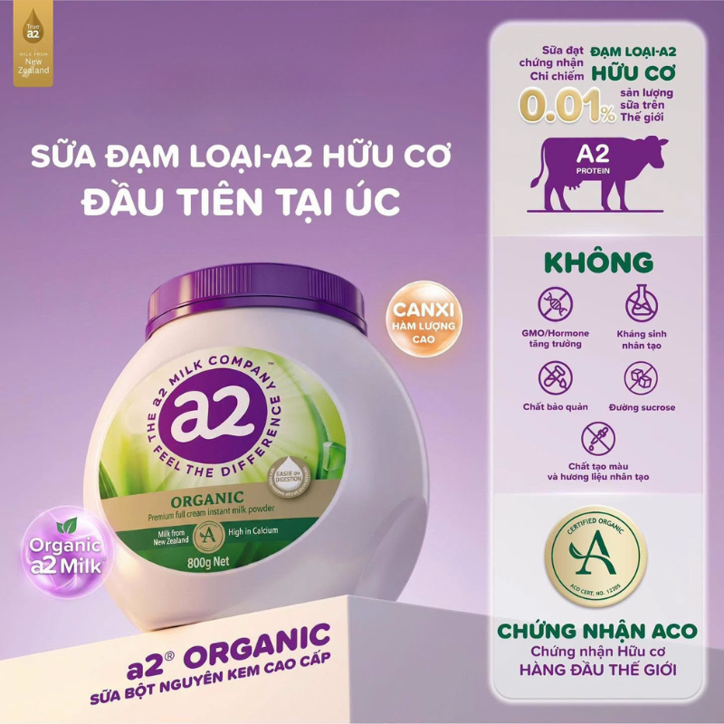  Sữa Bột A2 Nguyên Kem Hữu Cơ Cao Cấp A2 Organic Premium Full Cream (800g) 