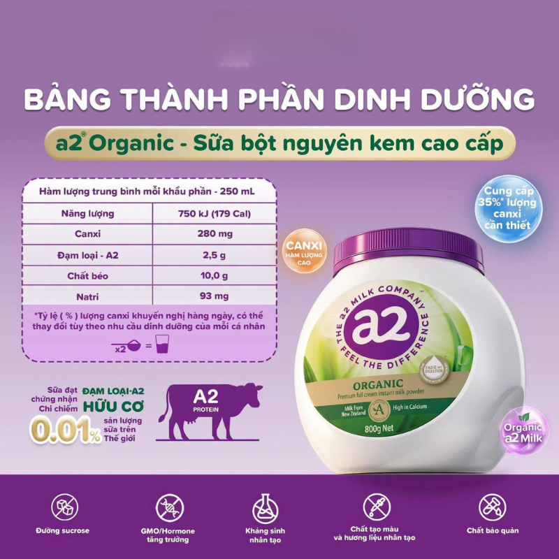  Sữa Bột A2 Nguyên Kem Hữu Cơ Cao Cấp A2 Organic Premium Full Cream (800g) 