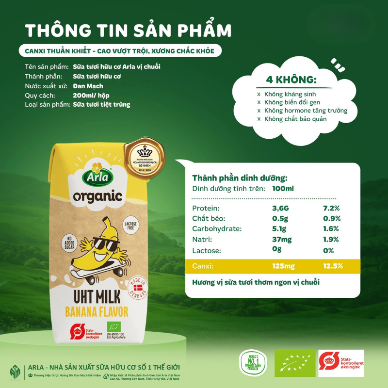  Sữa tươi hữu cơ Arla Organic vị chuối (200ml) 