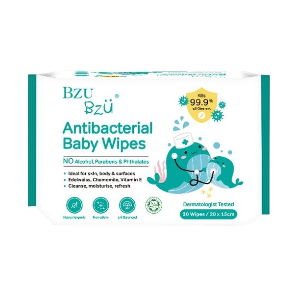  Khăn ướt diệt khuẩn Bzu Bzu Antibacterial Baby Wipes (Xanh Lá)- 30 Tờ 