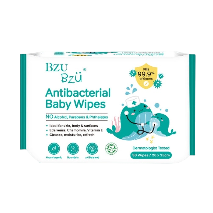  Khăn ướt diệt khuẩn Bzu Bzu Antibacterial Baby Wipes (Xanh Lá)- 30 Tờ 
