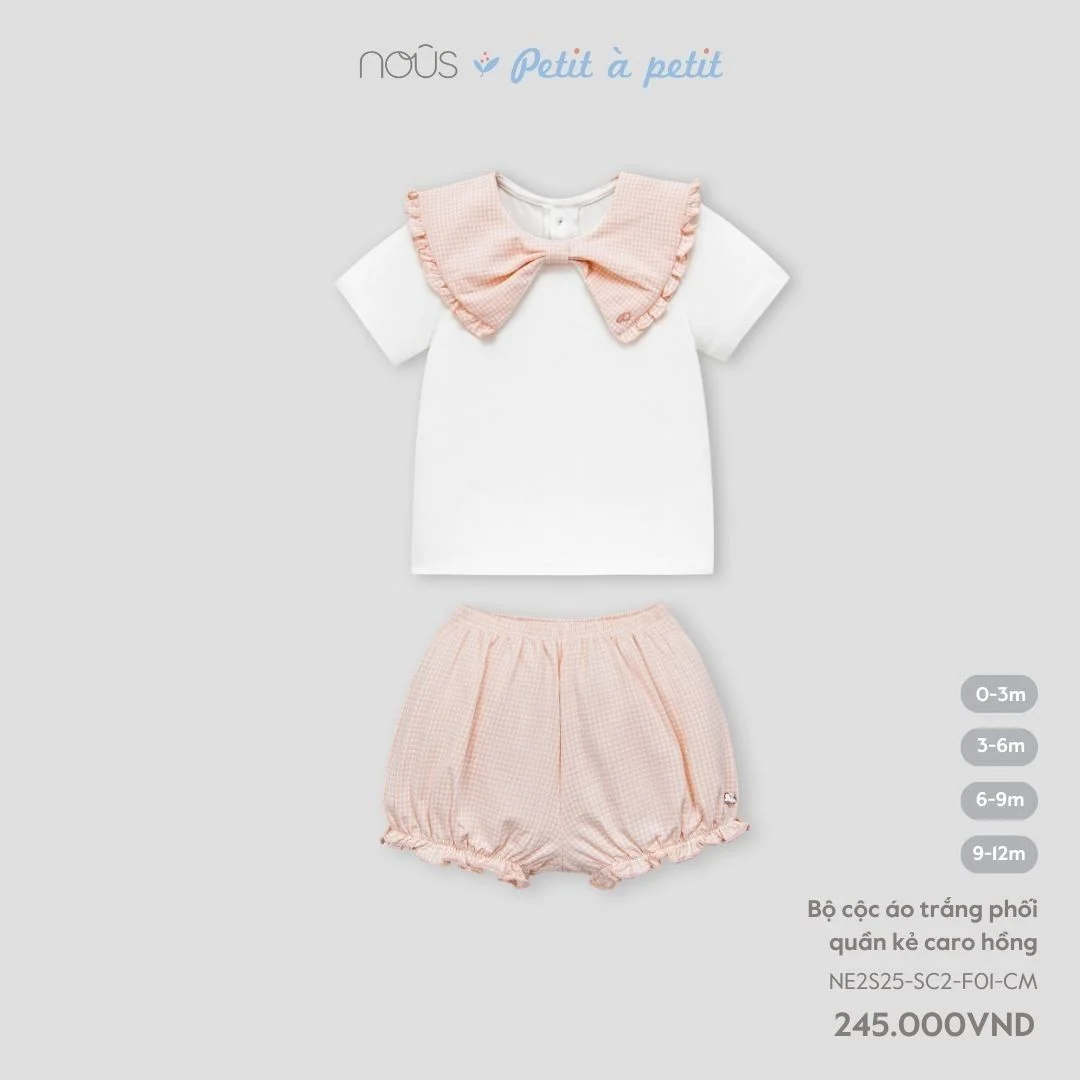  Bộ cộc Nous áo trắng phối quần kẻ caro hồng 