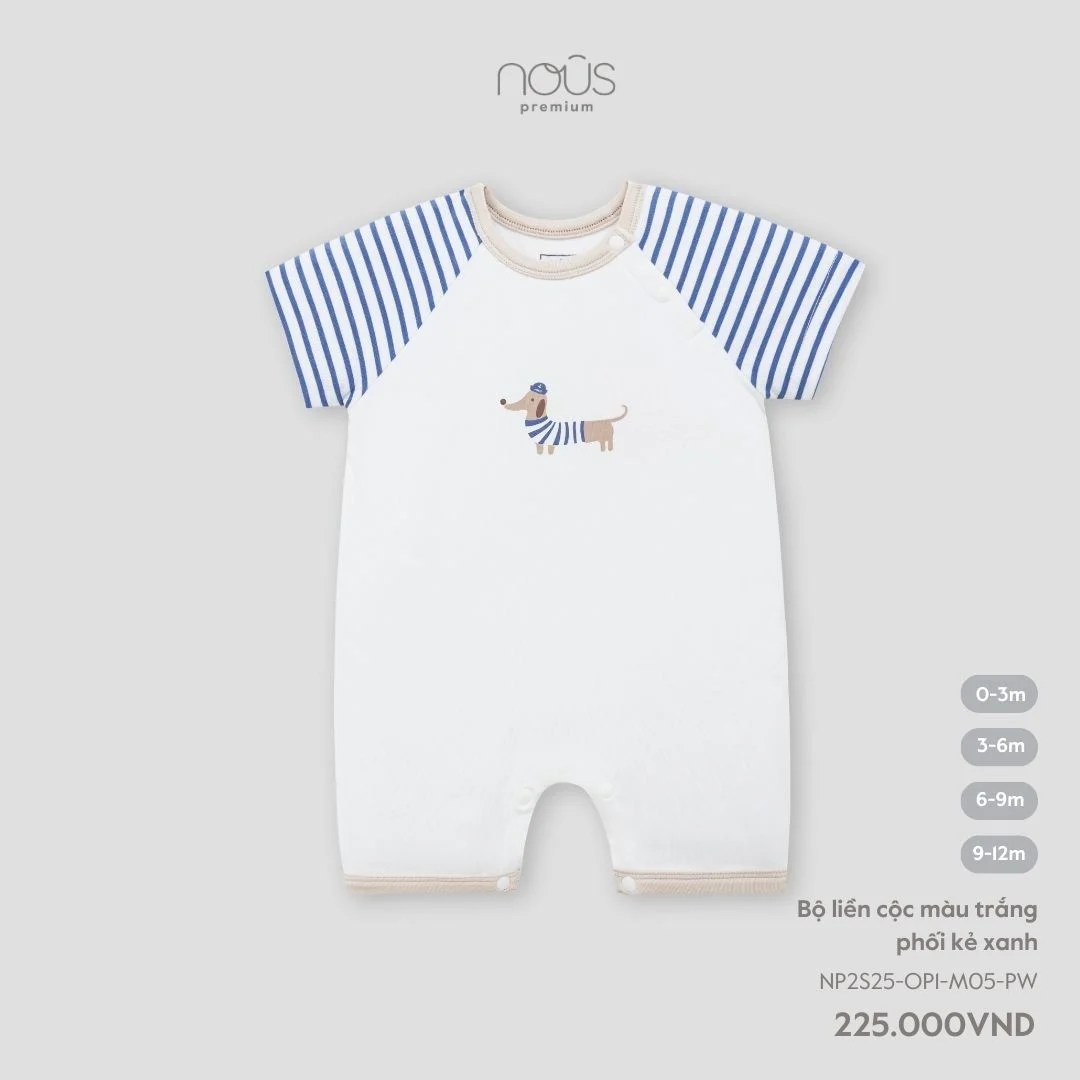  Bộ liền cộc Nous màu trắng phối kẻ xanh 