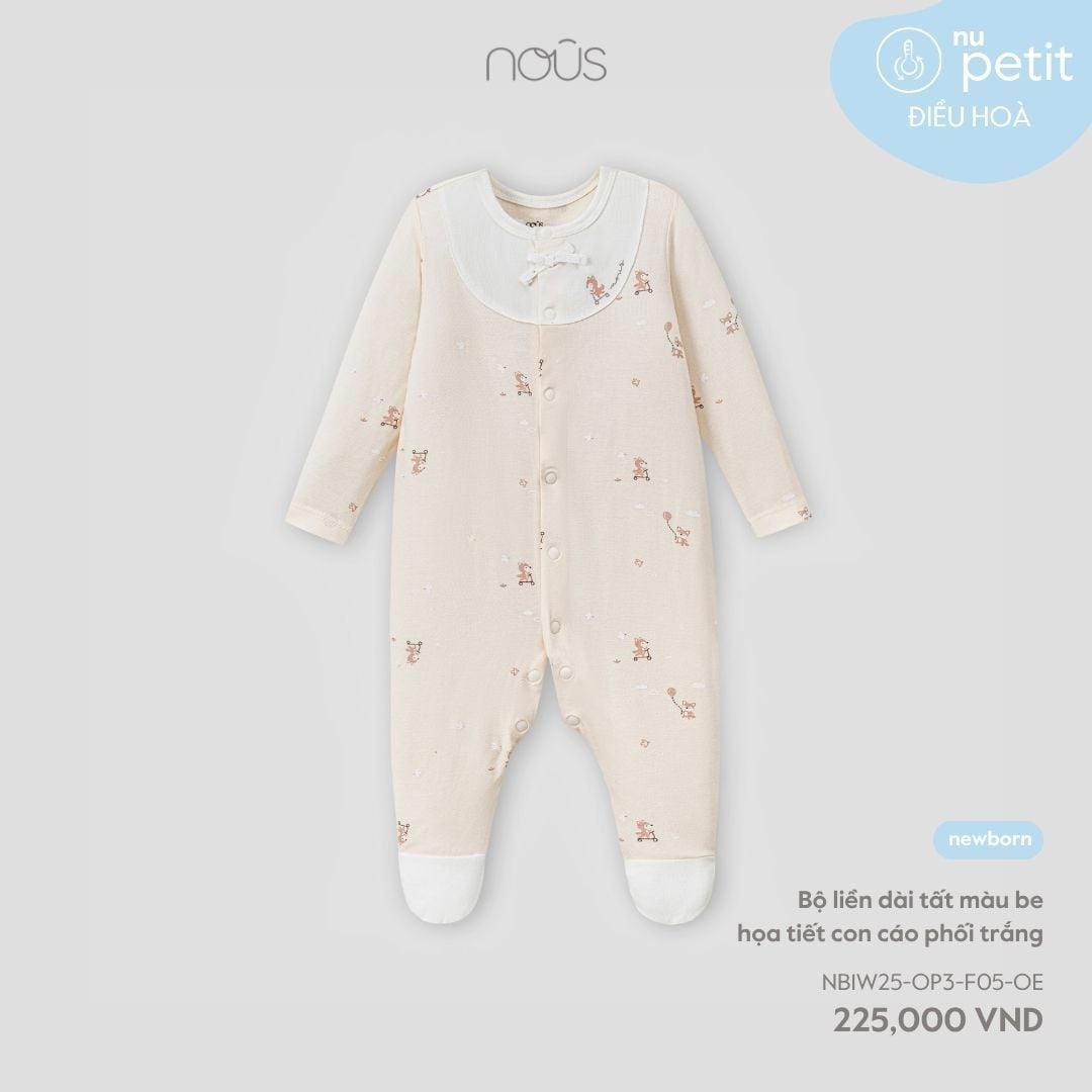  Bộ liền dài Nous tất màu be họa tiết con cáo phối trắng NB 