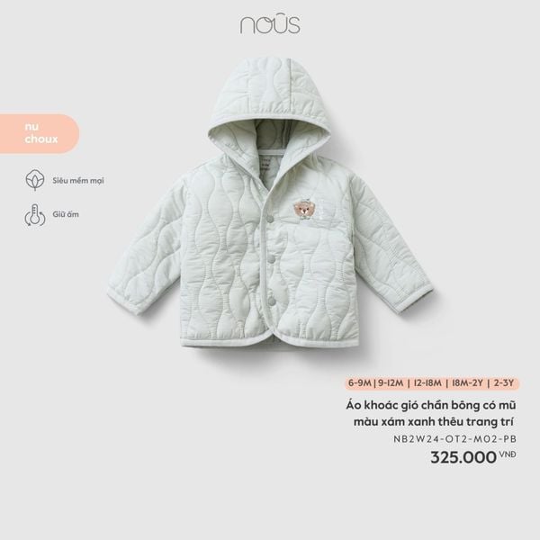  Áo khoác gió chần bông Nous có mũ màu xám xanh thêu trang trí 