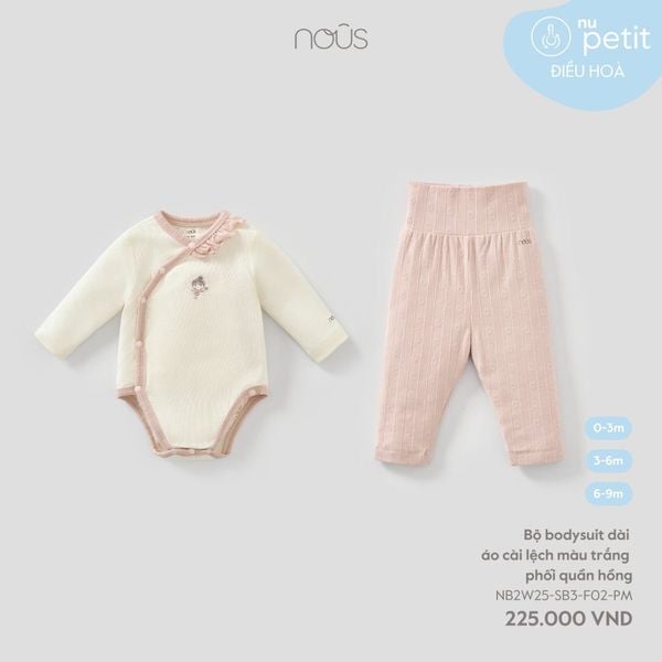  Bộ bodysuit dài áo Nous cài lệch màu trắng phối quần hồng 