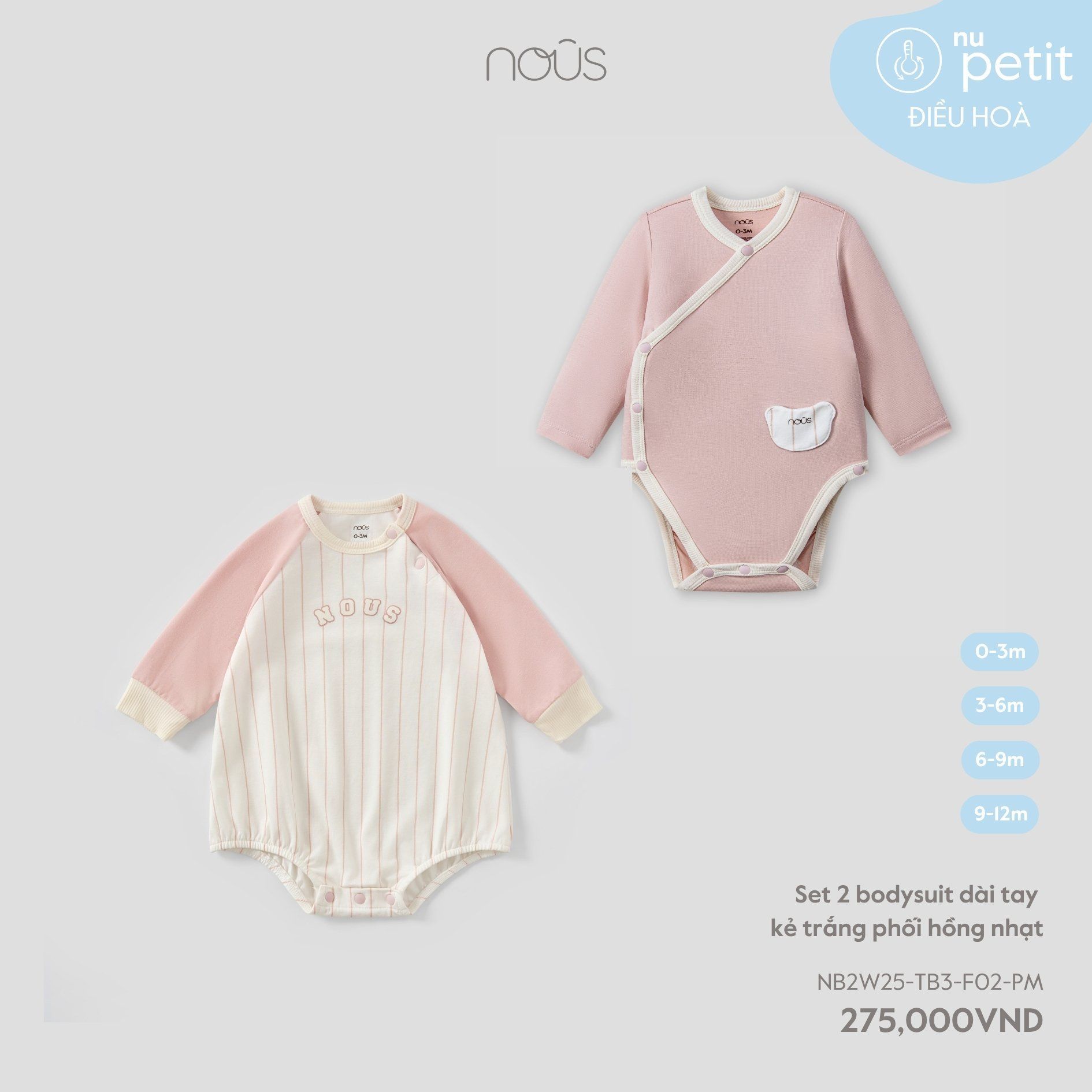  Set 2 bodysuit Nous dài tay kẻ trắng phối hồng nhạt 