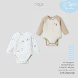  Set 2 bodysuit Nous dài tay trắng be in họa tiết gấu nâu 