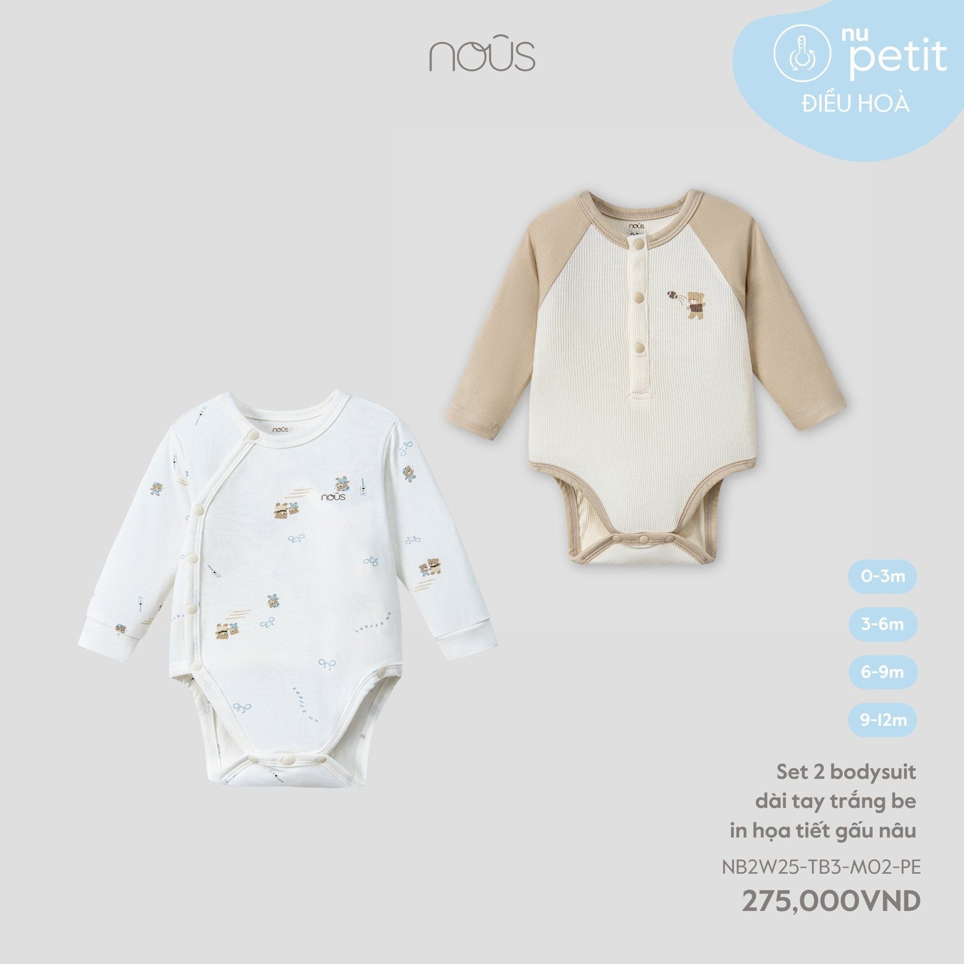  Set 2 bodysuit Nous dài tay trắng be in họa tiết gấu nâu 