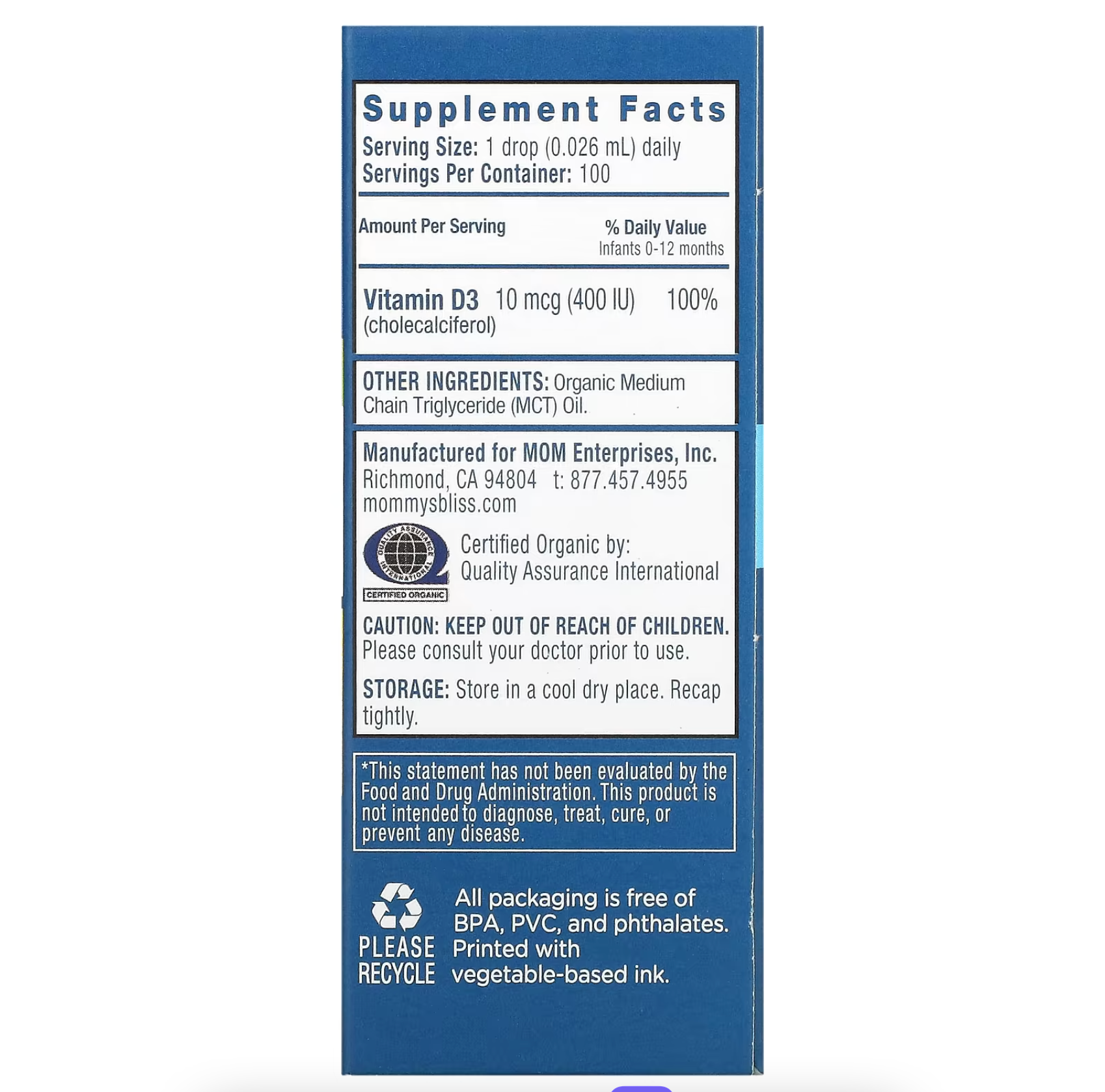  (A) Vitamin D Mommy's Bliss Organic Drops 3.24ml 