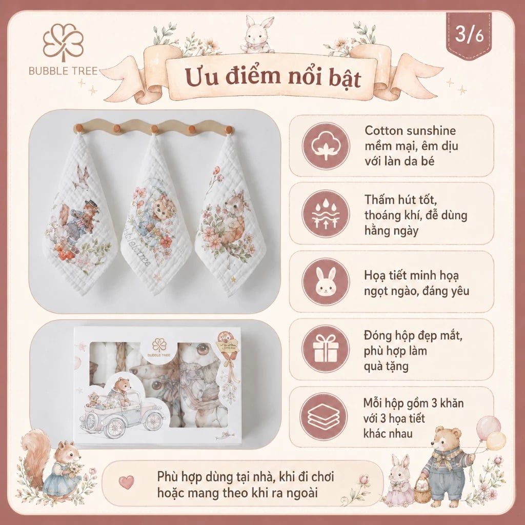  Set 3 khăn Bubble Tree gauze cotton cho bé 