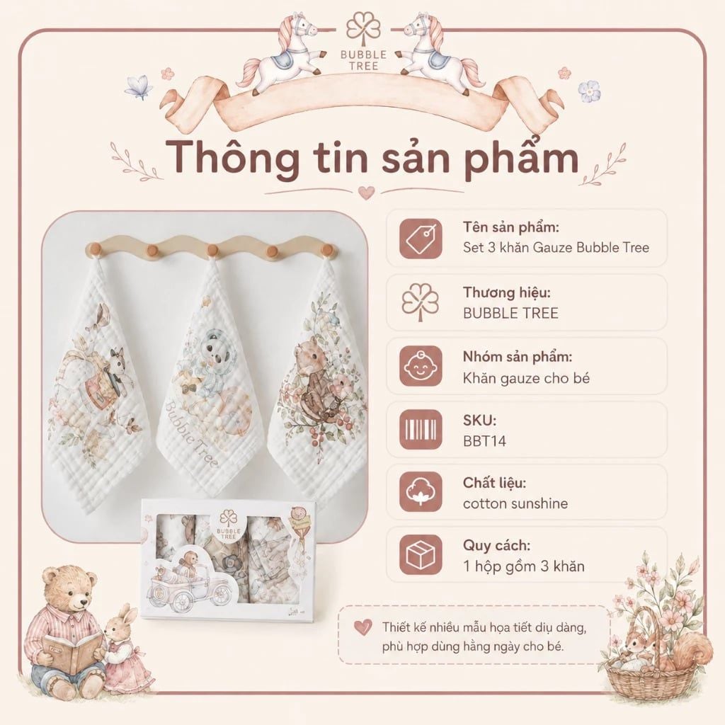  Set 3 khăn Bubble Tree gauze cotton cho bé 