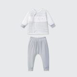  Bộ dài tay cúc lệch La Pomme phối họa tiết caro - Trắng Ghi 