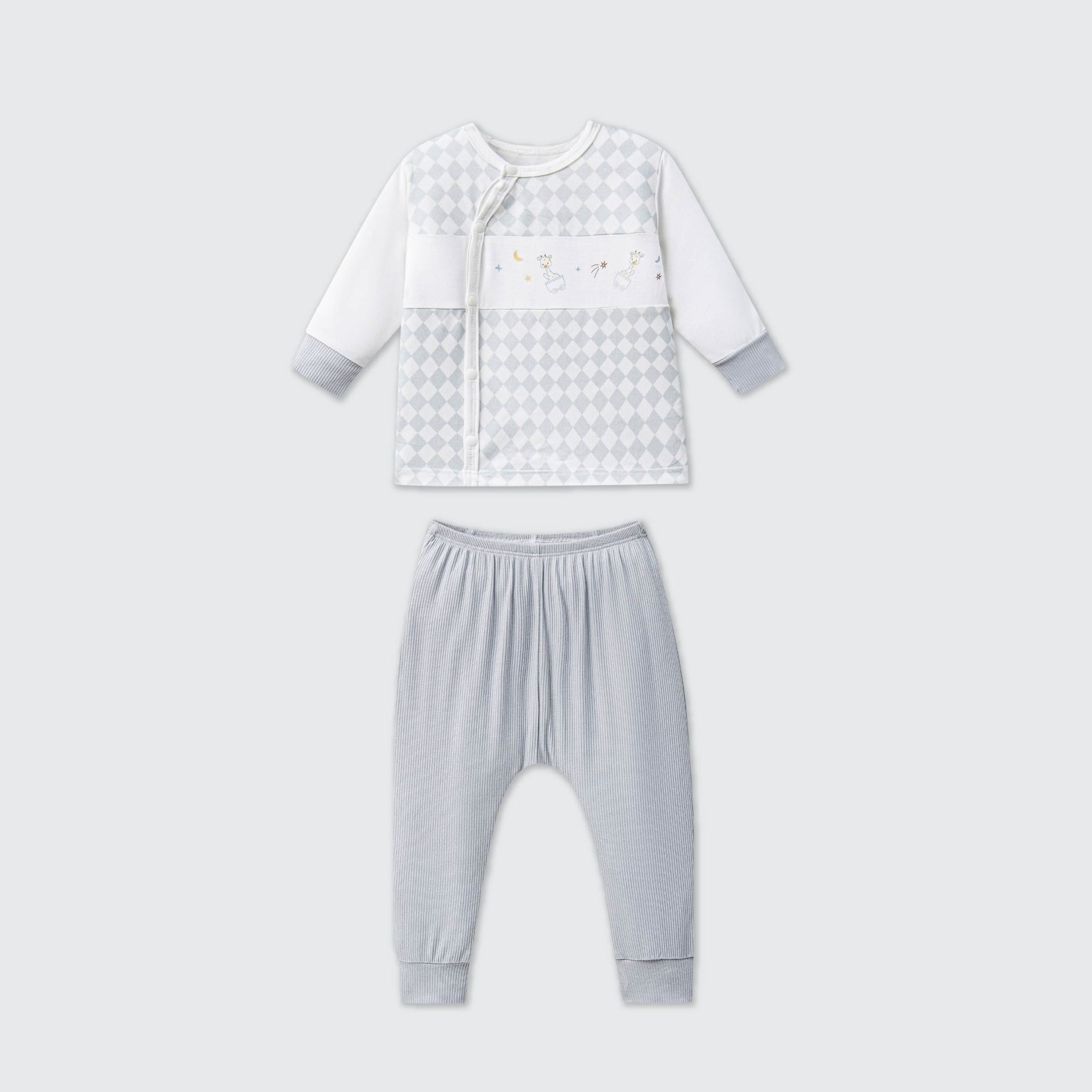  Bộ dài tay cúc lệch La Pomme phối họa tiết caro - Trắng Ghi 